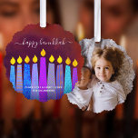 Carte Décorative Photo Rouge Hanoukka Menorah bougies Moderne Boho<br><div class="desc">"Bonne Hanoukka." Une illustration ludique, moderne et artistique de bougies motifs boho et de script de calligraphie manuscrit vous aide à inaugurer le séjour de Hanoukka dans le style. Des bougies de saumons bleus assorties de motifs de fausse feuille colorés recouvrent un arrière - plan riche en texture rouge brique...</div>