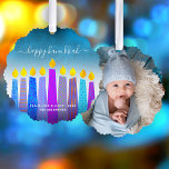 Carte Décorative Photo Turquoise Hanoukka Menorah bougies Moderne<br><div class="desc">"Bonne Hanoukka." Une illustration ludique, moderne et artistique de bougies motifs boho et de script de calligraphie manuscrit vous aide à inaugurer le séjour de Hanoukka dans le style. Des bougies de saumons bleus assorties de motifs de fausse feuille colorés recouvrent un dégradé turquoise à un arrière - plan texturé...</div>