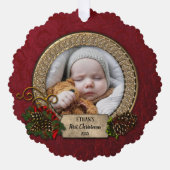 Carte Décorative Pine & Elegant Gold Frame Première photo de Noël (Recto)