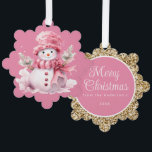 Carte Décorative Pink Snowman Gold Joyeux voeux de Noël<br><div class="desc">Ornement de Noël/salutation avec un bonhomme de neige mignon portant un casquette rose et foulard Personnalisez le dos avec votre salutation et tout autre texte que vous choisissez. Contactez-moi pour obtenir de l'aide sur vos personnalisations ou pour demander d'autres produits de correspondance ou de coordination.</div>