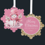 Carte Décorative Pink Snowman Gold Joyeux voeux de Noël<br><div class="desc">Ornement de Noël/salutation avec un bonhomme de neige mignon portant un casquette rose et foulard Personnalisez le dos avec votre salutation et tout autre texte que vous choisissez. Contactez-moi pour obtenir de l'aide sur vos personnalisations ou pour demander d'autres produits de correspondance ou de coordination.</div>