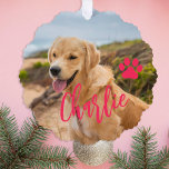 Carte Décorative Premier chien de Noël à jamais nom photo de la mai<br><div class="desc">Moderne ajoutez votre nom de animal de compagnie script rose premier Noël avec votre carte d'ornement de gardien de chien.</div>