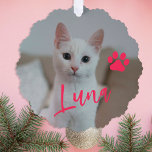 Carte Décorative Premier Noël animal chat photo nom page personnali<br><div class="desc">Moderne ajoutez votre nom de animal de compagnie script rose et empreinte de patte Première carte de décoration de l'arbre de Noël gardien.</div>