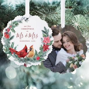 Carte Décorative Première nouvelle mariée Cardinaux de Noël Wreath