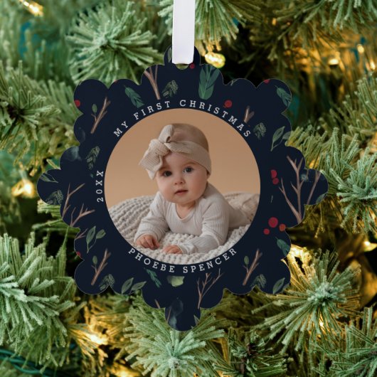 Carte Décorative Première photo de Noël du bébé botanique simple (Insitu (Arbre))