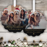 Carte Décorative Script or moderne Simple 2 Photo Noël<br><div class="desc">Script Gold Minimaliste Moderne 2 Photo Joyeux Script de Noël Carte d'ornement de Noël. Ce modèle festif, simple minimaliste, fantasque deux photos de vacances carte de voeux avec "Joyeux Noël" texte de bienvenue qui est écrit dans une lettre tourbillonnant intercalaire à la main police or calligraphie script de calligraphie superposition...</div>