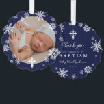 Carte Décorative Snowflakes de la Marine Photo Hiver Baptême Merci<br><div class="desc">Beau baptême d'hiver merci ornements en bleu marine avec des flocons de neige,  une croix blanche et une photo de votre bébé.</div>