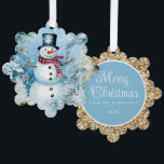 Carte Décorative Snowman Gold Joyeux voeux de Noël<br><div class="desc">Décor/salutation de Noël bleu et or avec un bonhomme de neige mignon portant un chapeau noir et un foulard en plaid de buffle. Personnalisez le dos avec votre salutation et tout autre texte que vous choisissez. Contactez-moi pour obtenir de l'aide sur vos personnalisations ou pour demander d'autres produits de correspondance...</div>