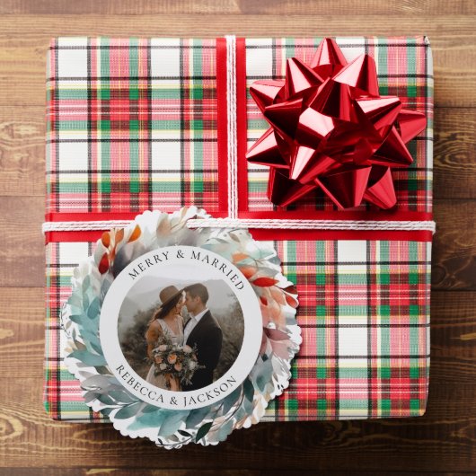 Carte Décorative Wreath de Noël moderne | Photo mariée et joyeuse (Insitu (Cadeau))