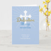 Carte Dédication jumelle Garçons Bénédiction Bleu et Or (Fleur jaune)