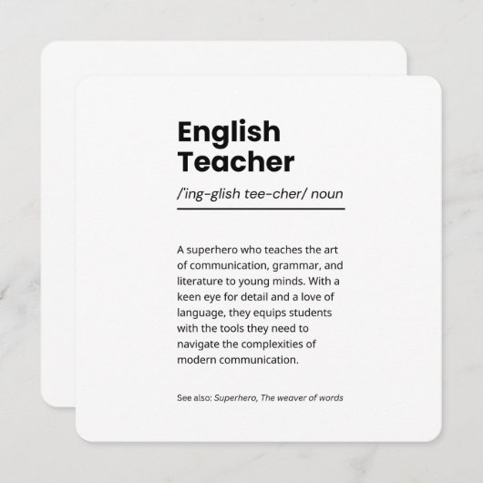 Carte Définition de l'enseignant anglais Imprimer Appréc (Devant / Derrière)