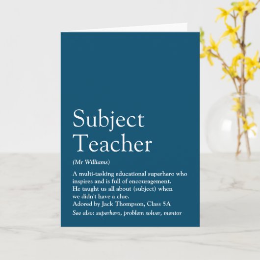 Carte Définition de l'enseignant Typographie Fun Blue (Fleur jaune)