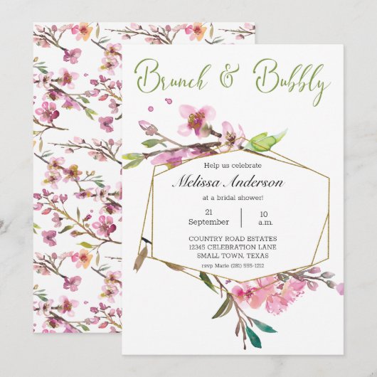 Carte Déjeuner de mariage floral cerisier rose (Devant / Derrière)