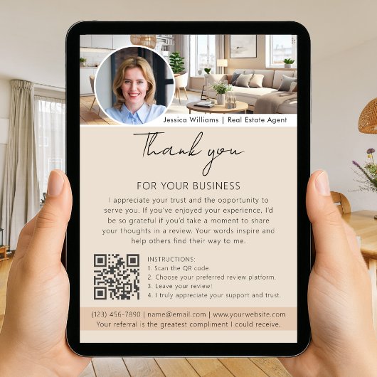Carte Demande de commentaire avec code QR photo beige Me
