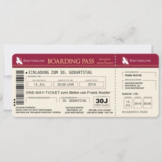 CARTE D'EMBARQUEMENT Billet d'avion Carte d'invita (Devant)