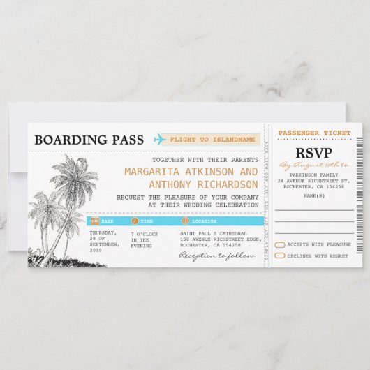 carte d'embarquement Billets mariage avec RSVP ens (Devant)