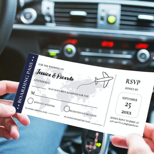 Carte d'embarquement bleue mariage RSVP carte d'en