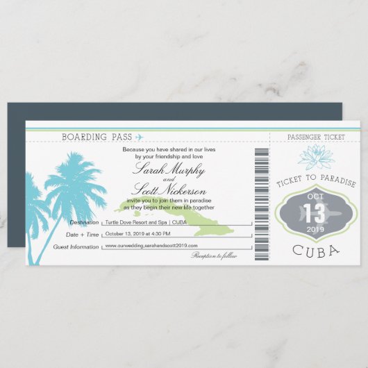 Carte d'embarquement de mariage pour Cuba (Devant / Derrière)
