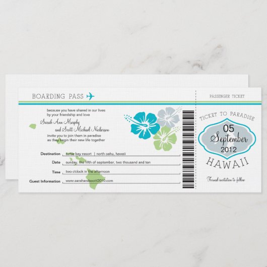Carte d'embarquement de mariage pour Hawaï (Devant / Derrière)