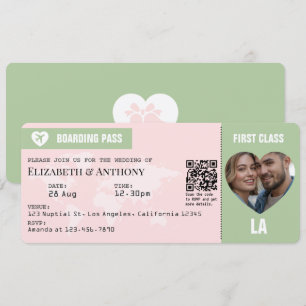 Carte d'embarquement de mariage Rose Pâle et Vert