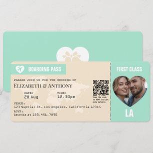 Carte d'embarquement de mariage Vert Menthe et Cha