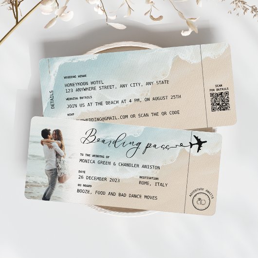 Carte d'embarquement de plage Code QR de mariage d