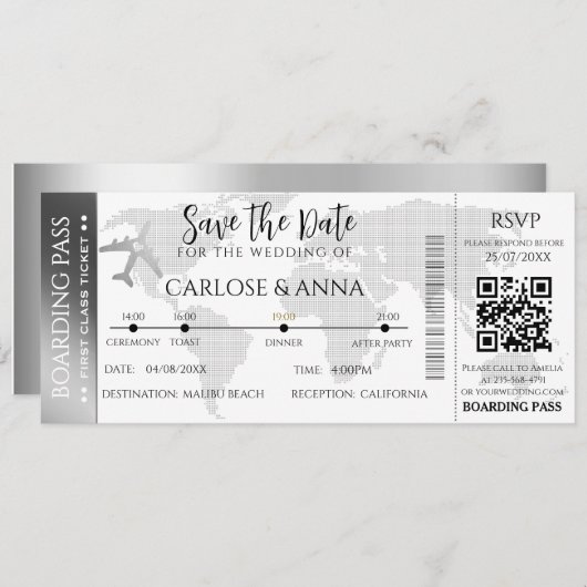 Carte d'embarquement Destination Mariage QR code g (Devant / Derrière)