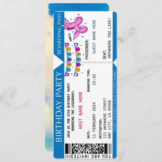 Carte d'embarquement Fête d'anniversaire Fly High (Devant / Derrière)