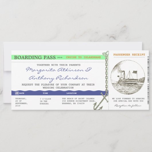 carte d'embarquement mariage de croisière - marine (Devant)