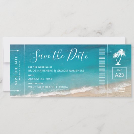 Carte d'embarquement Mariage Plage Moody Turquoise (Devant)