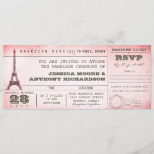 Carte d'embarquement mariage rose vintage pour Par