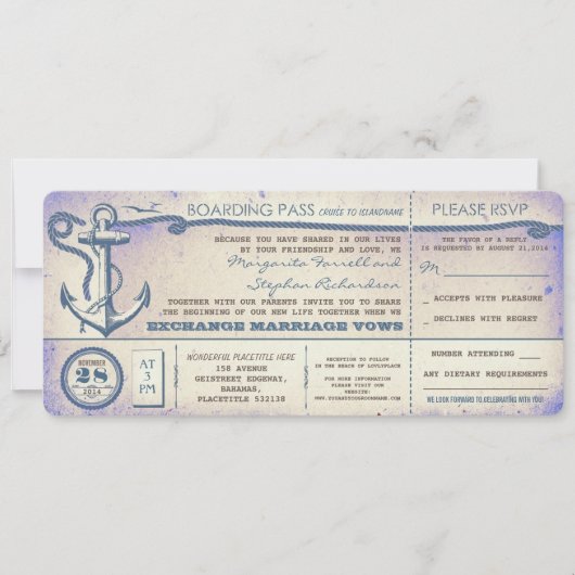 Carte d'embarquement mariage vintage avec RSVP (Devant)