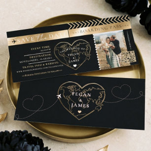 Carte d'embarquement Noir Or Mariage Save The Date