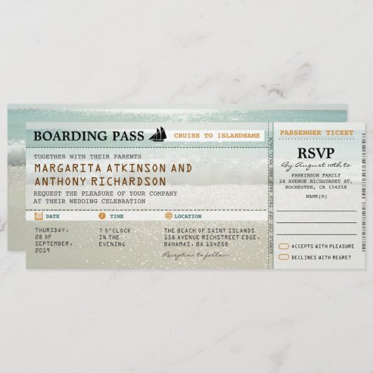 carte d'embarquement plage vagues mariage invite & (Devant / Derrière)