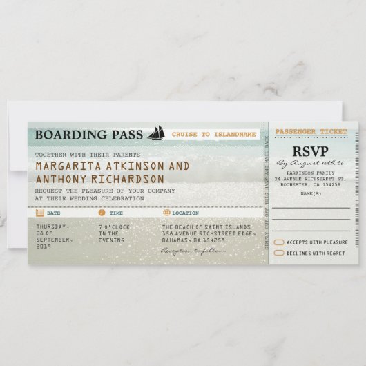 carte d'embarquement plage vagues mariage invite & (Devant)