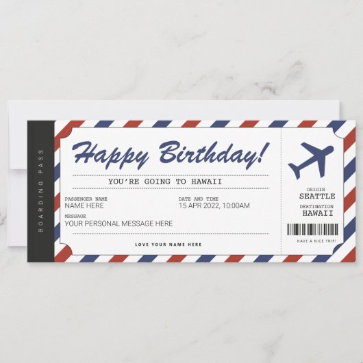 Carte d'embarquement pour anniversaire surprise Ca (Devant)
