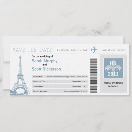Carte d'embarquement pour sauver la date à Paris F (Devant)