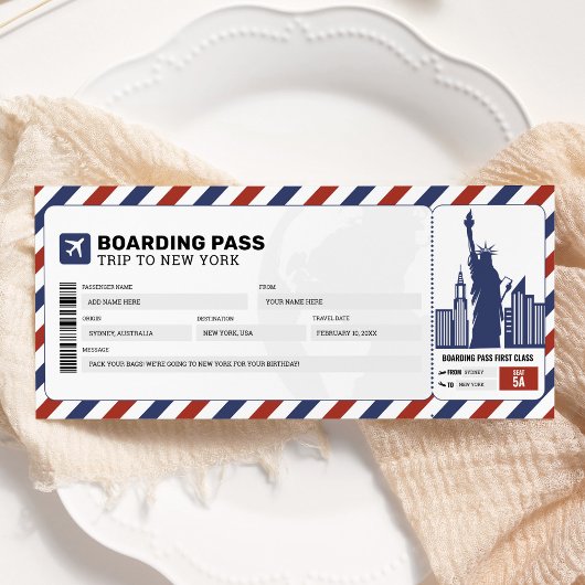 Carte d'embarquement pour voyage à New York Billet