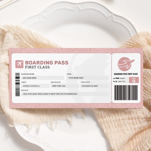 Carte d'embarquement rose cadeau de voyage en avio