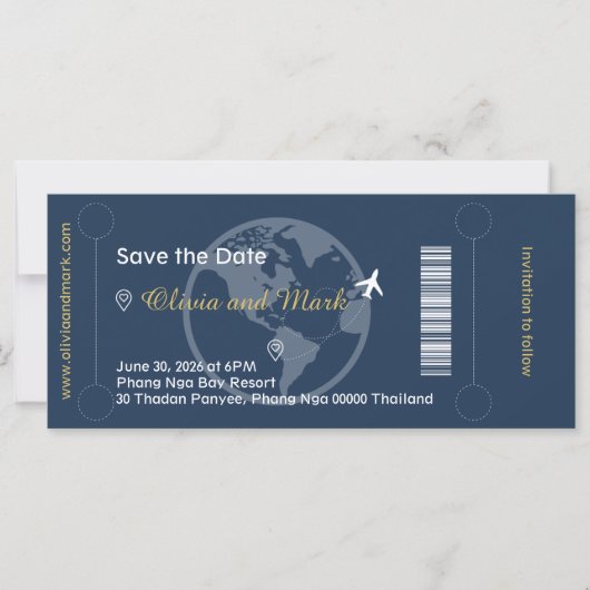 Carte d'embarquement Save the Date – Navy & Or (Devant)