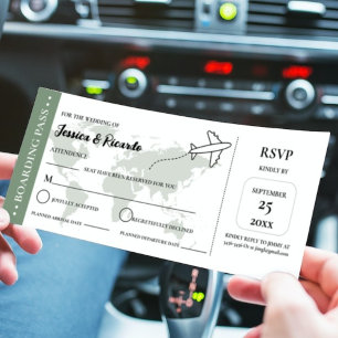 Carte d'embarquement verte mariage RSVP