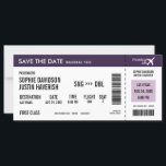 Carte d'embarquement Vintage violet blanc Enregist<br><div class="desc">Obtenez vos invités dans l'esprit du ciel avec cette carte d'embarquement mod économiser la date inspirée par les compagnies aériennes du passé. Vos amis et votre famille seront excités pour votre prochain mariage de destination quand ils recevront cette faire-part créative et unique personnalisée par vous. Vous avez besoin d'aide en...</div>