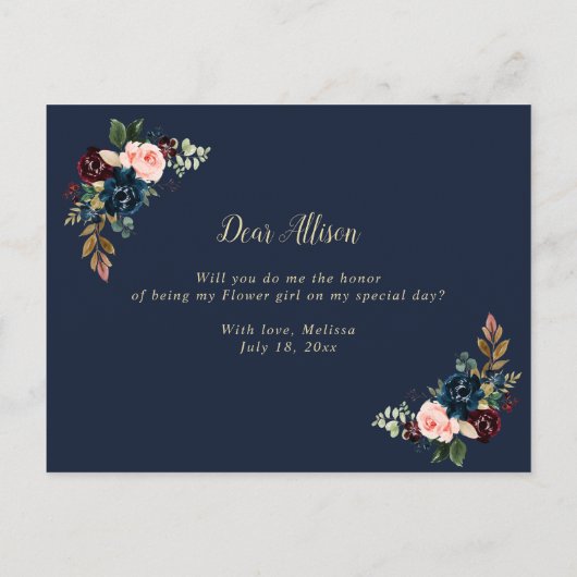 carte demoiselle d'honneur florale bordeaux (Dos)