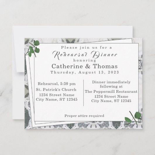 Carte Dentelle blanche et dîner de répétition des Feuill (Devant)
