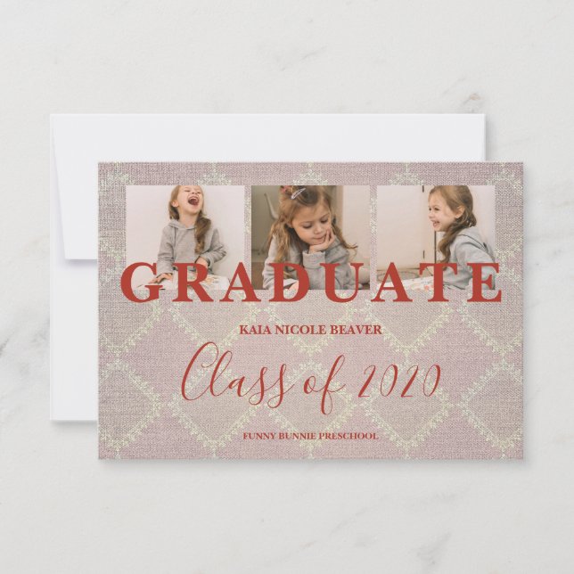 Carte Dentelle Pré-K Graduation 3 Photos Textile Texture (Devant)