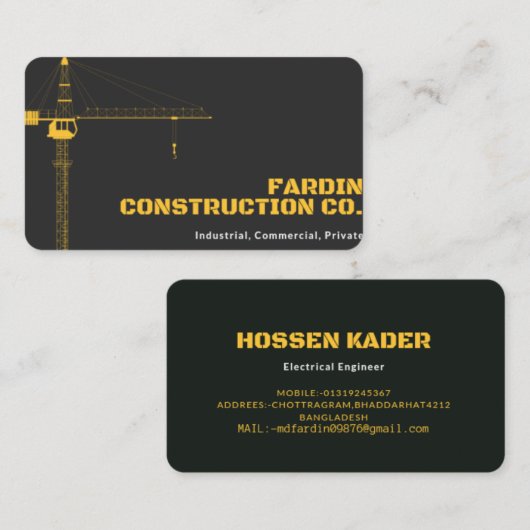 CARTE D'ENTREPRISE DE CONSTRUCTION. (Devant / Derrière)