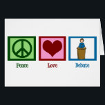 Carte d'équipe Peace Love Debate<br><div class="desc">Une grande carte d'équipe de discours et de débat avec un signe de paix,  le coeur,  et quelqu'un qui se tient derrière un podium parlant.</div>