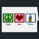 Carte d'équipe Peace Love Debate<br><div class="desc">Une grande carte d'équipe de discours et de débat avec un signe de paix,  le coeur,  et quelqu'un qui se tient derrière un podium parlant.</div>