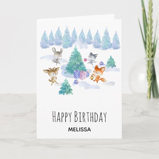 Carte Des animaux de forêt dansent autour d'un sapin (Devant)