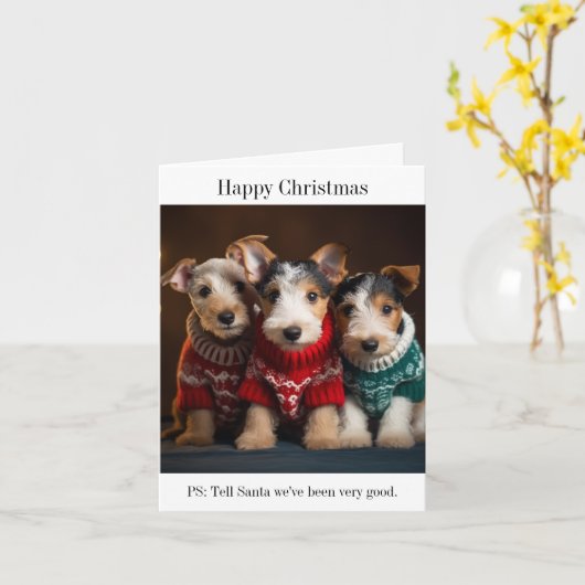 Carte Des chiots Fox Terrier dans les pulls de Noël (Fleur jaune)
